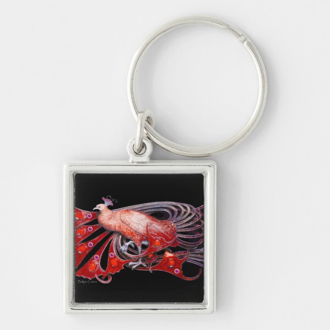 ELEGANT PEACOCK IN RED AND BLACK KEY RING (Front)