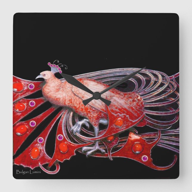 ELEGANT PEACOCK IN RED AND BLACK SQUARE WALL CLOCK (Front)