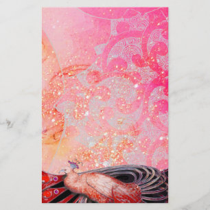 ELEGANT PEACOCK IN RED  SPARKLING PINK FUCHSIA STATIONERY