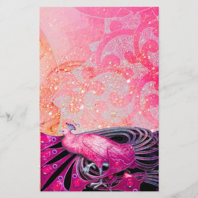 ELEGANT PEACOCK IN SPARKLING PINK FUCHSIA STATIONERY (Front)