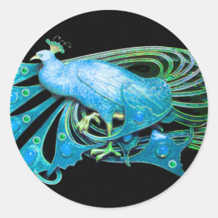 ELEGANT PEACOCK IN TEAL AQUA BLUE,BLACK CLASSIC ROUND STICKER
