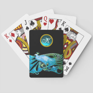 ELEGANT PEACOCK IN TEAL BLUE AQUAMARINE MONOGRAM PLAYING CARDS