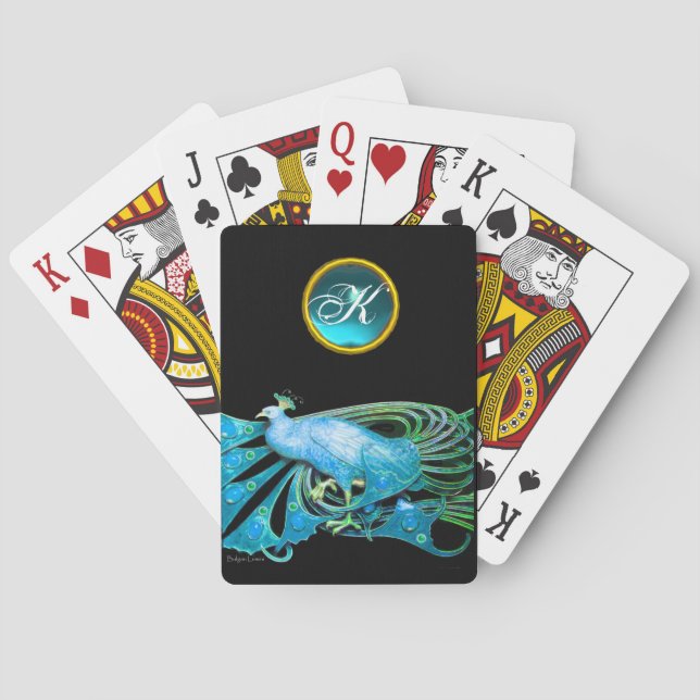 ELEGANT PEACOCK IN TEAL BLUE AQUAMARINE MONOGRAM  PLAYING CARDS (Back)