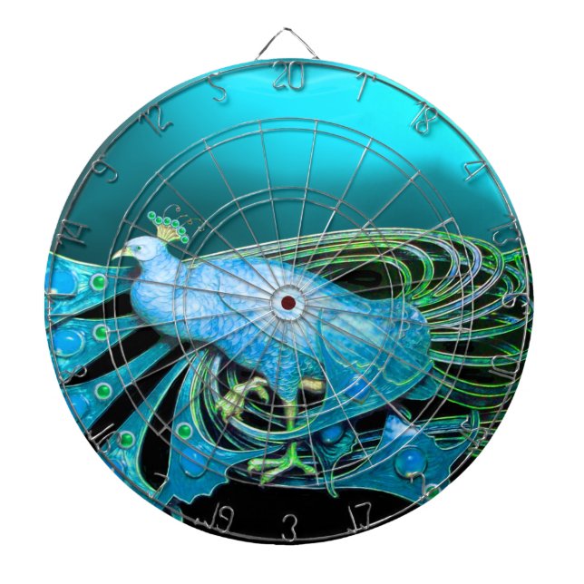 ELEGANT PEACOCK IN TEAL ,TURQUOISE BLUE DARTBOARD (Front)
