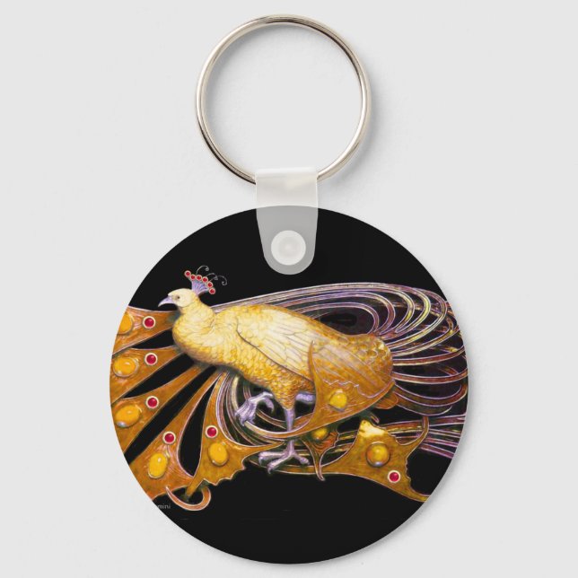 ELEGANT PEACOCK IN YELLOW AND BLACK KEY RING (Front)