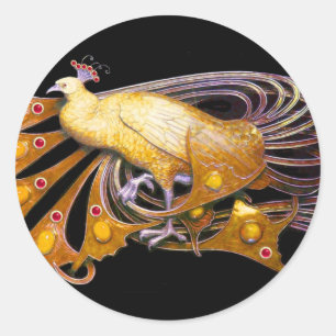 ELEGANT PEACOCK IN YELLOW ,BLACK CLASSIC ROUND STICKER