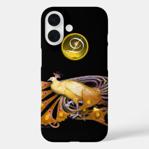 ELEGANT PEACOCK IN YELLOW, TOPAZ MONOGRAM,black iPhone 16 Case