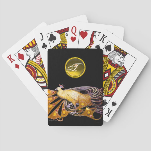 ELEGANT PEACOCK IN YELLOW TOPAZ MONOGRAM PLAYING CARDS (Back)