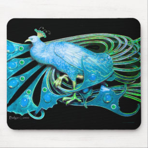 ELEGANT PEACOCK JEWEL IN AQUA BLUE TURQUOISE BLACK MOUSE PAD