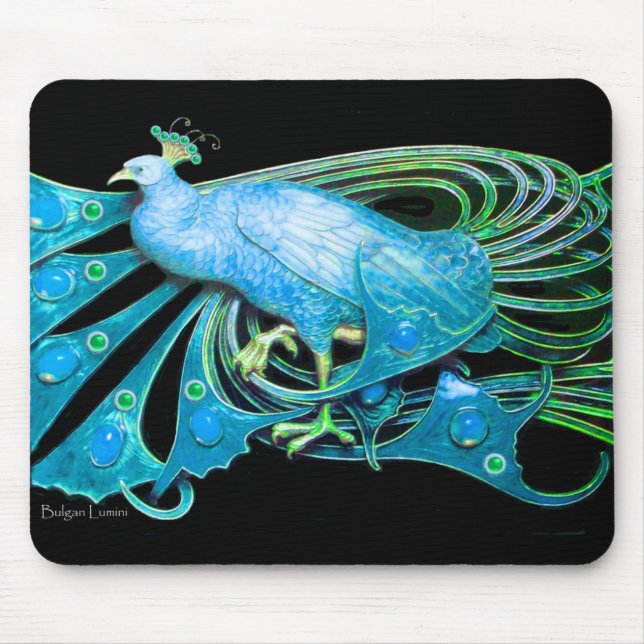 ELEGANT PEACOCK JEWEL IN AQUA BLUE TURQUOISE BLACK MOUSE PAD (Front)