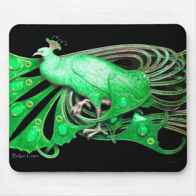 ELEGANT PEACOCK JEWEL IN EMERALD GREEN BLACK MOUSE PAD (Front)