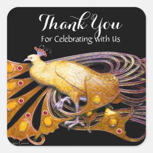 ELEGANT PEACOCK JEWEL IN YELLOW,BLACK Thank You Square Sticker