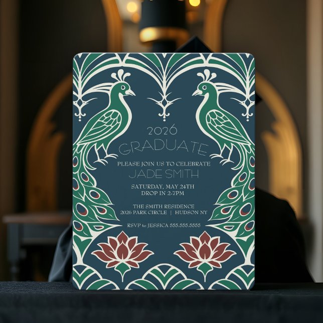 Elegant Peacock & Lotus Classy Art Deco Graduation Invitation (Art deco graduation invitation with elegant peacock and lotus design, in dark rich blue green & red)