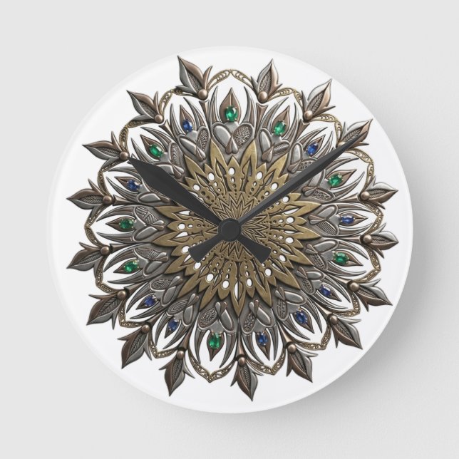 Elegant Peacock Mandala Watch Round Clock (Front)