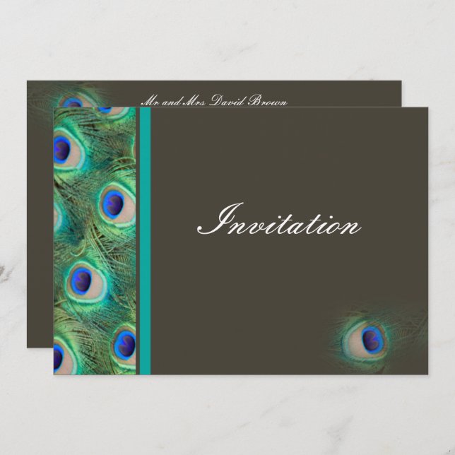 elegant peacock mocha blue wedding invitation (Front/Back)