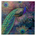 Elegant Peacock n Feathers Vintage Gold Glitter Ceramic Tile<br><div class="desc">Reverse direction to use for backsplash etc. "Peacock n Feathers Elegant Vintage Gold Glitter ceramic tile." These tiles are vibrant and beautiful! Elegant antique damask pattern in peacock colours with a vintage peacock and glittery feathers for an Art Nouveau elegance. Graphically designed by internationally licensed artist and designer, Audrey Jeanne...</div>