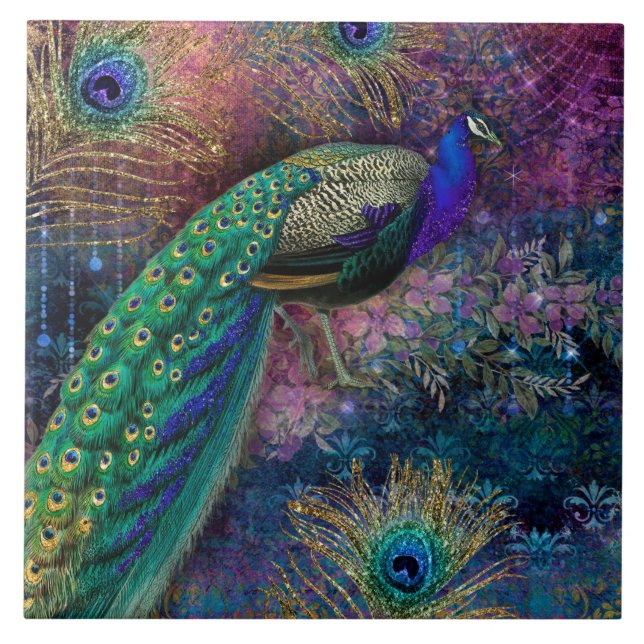 Elegant Peacock n Feathers Vintage Gold Glitter Ceramic Tile (Front)