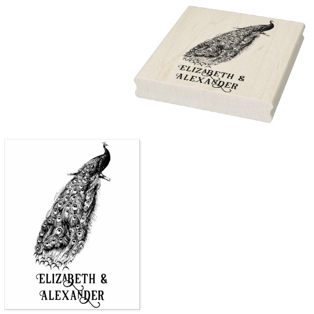 Elegant Peacock on a Branch Couple Name Rubber Stamp (Stamped)