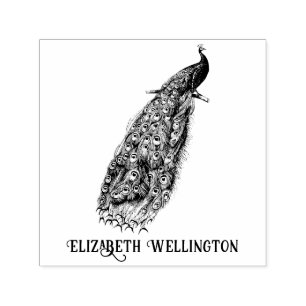 Elegant Peacock on a Branch Name Self-inking Stamp