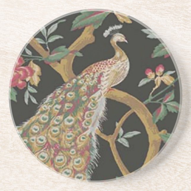 Elegant Peacock On Black Coaster (Front)