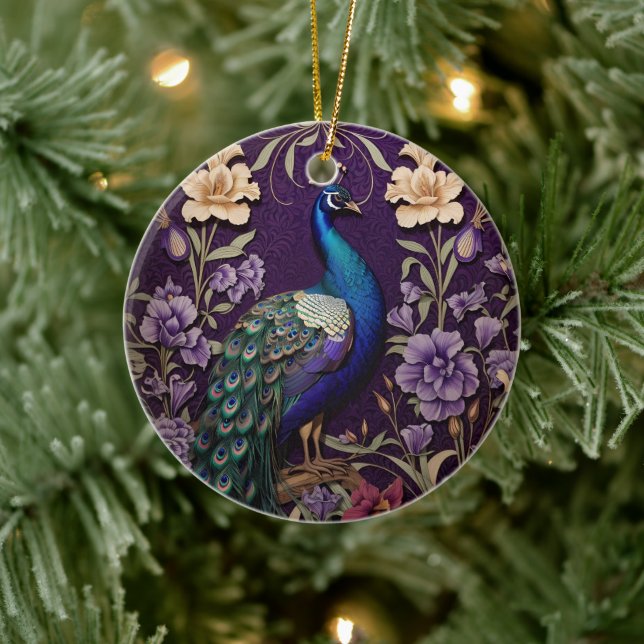 Elegant Peacock On Purple William Morris Inspired Ceramic Ornament (Tree)
