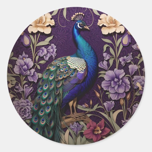 Elegant Peacock On Purple William Morris Inspired Classic Round Sticker (Front)