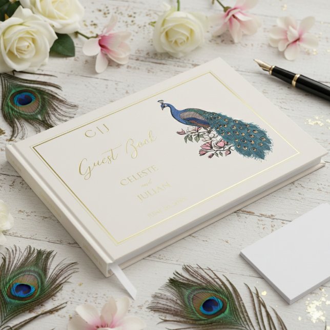 Elegant Peacock Photo Wedding Guest Book (Elegant Modern Floral Peacock Wedding Guest Books. Trendy Bird, Ornate Teal Feathers, Chic Gold Foil)
