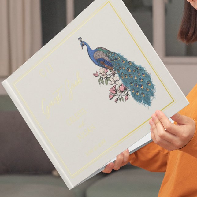 Elegant Peacock Photo Wedding Guest Book (Elegant Floral Blue and Teal Peacock on Magnolia Branch Illustration with Real Gold Foil in Ivory. )