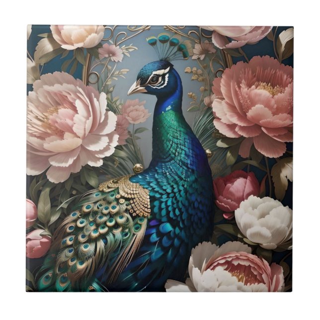 Elegant Peacock Pink Peonies  Ceramic Tile (Front)