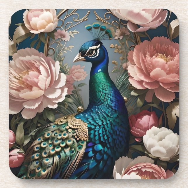 Elegant Peacock Pink Peonies  Coaster (Front)