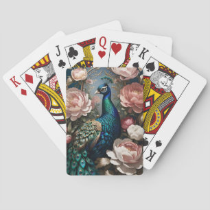 Elegant Peacock Pink Peonies Playing Cards