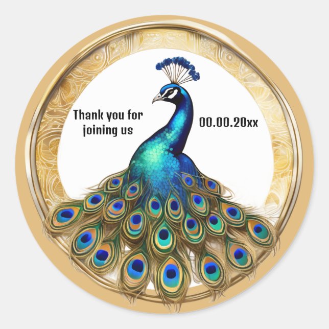 Elegant peacock round watercolor art nouveau classic round sticker (Front)