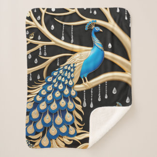 Elegant Peacock Sherpa Blanket with Gold and Blue 