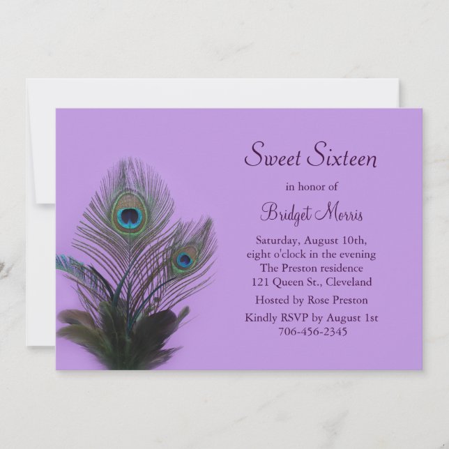 Elegant Peacock Sweet Sixteen Invitation purple (Front)