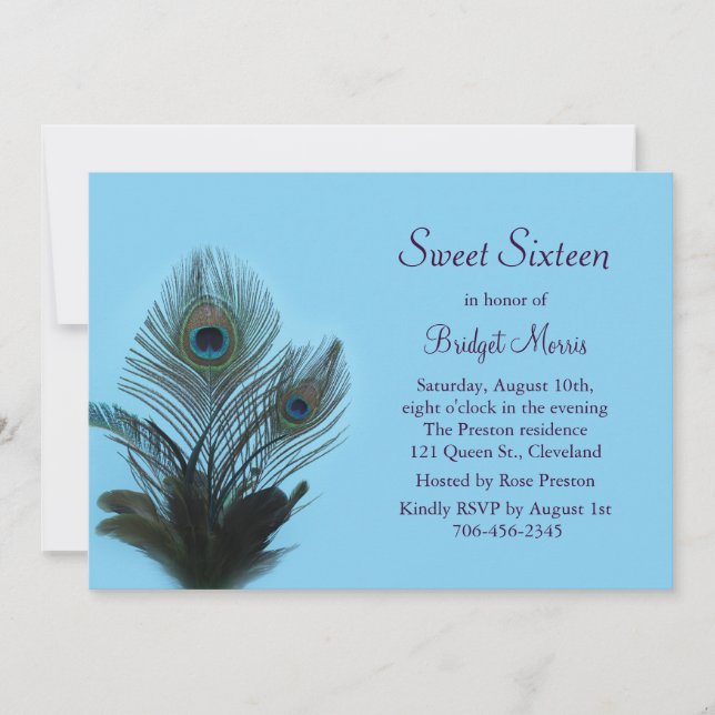 Elegant Peacock Sweet Sixteen Invitation turquoise (Front)