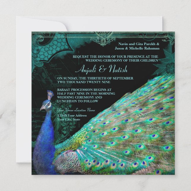 Elegant Peacock w Vintage Scrolls Indian Wedding Invitation (Front)