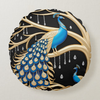 Elegant Peacock Wall Art with Gold and Blue Detail Round Cushion