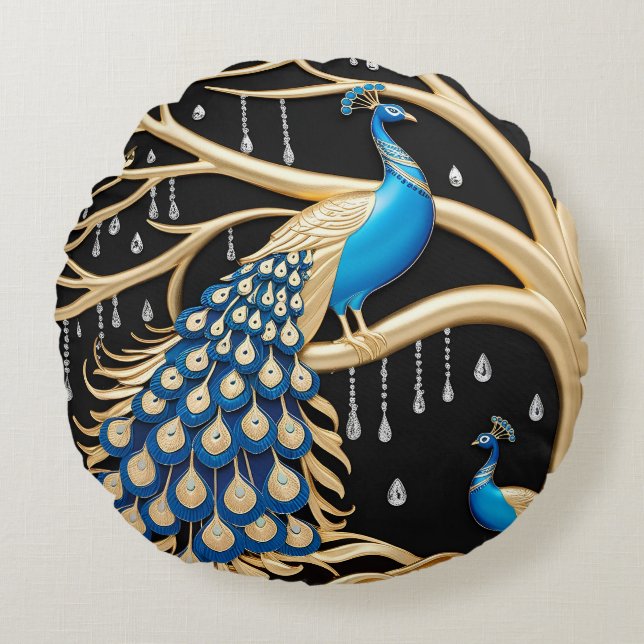 Elegant Peacock Wall Art with Gold and Blue Detail Round Cushion (Front)
