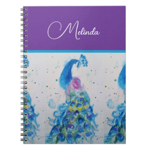 Elegant Peacock Watercolor Blue Painting Notebook