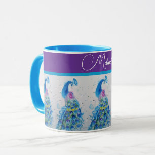Elegant Peacock Watercolor Blue Painting Womans Mug