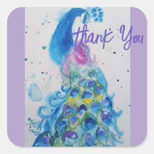 Elegant Peacock Watercolor Pastel Colors Thank You Square Sticker