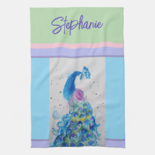 Elegant Peacock Watercolor Womens Pastel Colors Tea Towel