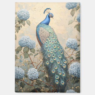 Elegant Peacock with Blue Hydrangeas Oil Painting Magnet