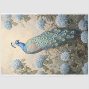 Elegant Peacock with Blue Hydrangeas Oil Painting Tissue Paper