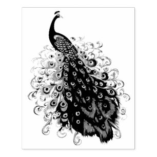 Elegant Peacock with Elaborately Detailed Tail Rubber Stamp