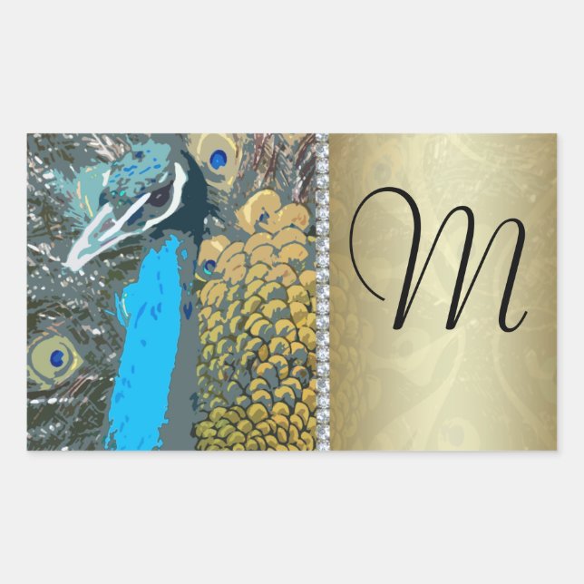 Elegant Peacock with Faux Jewels Monogram M Rectangular Sticker (Front)