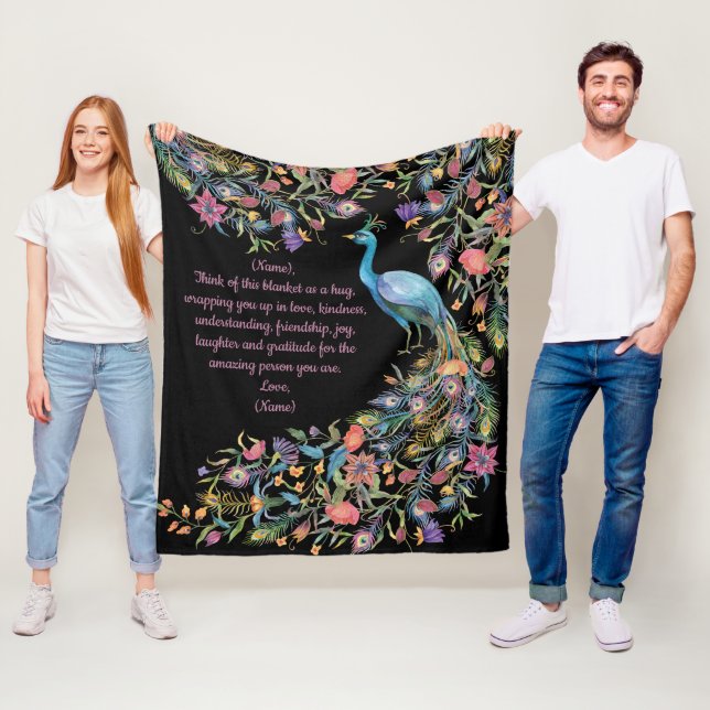 Elegant Peacock with Flowers as Tail and Message  Fleece Blanket (In Situ)