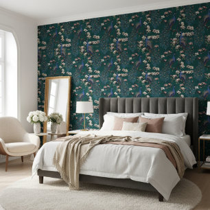 Elegant Peacocks and Magnolia Flowers Dark Teal Wallpaper