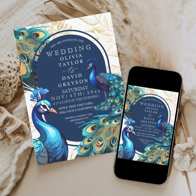 Elegant Peacocks Gold Feathers Flora Wedding  Invitation (Creator Uploaded)