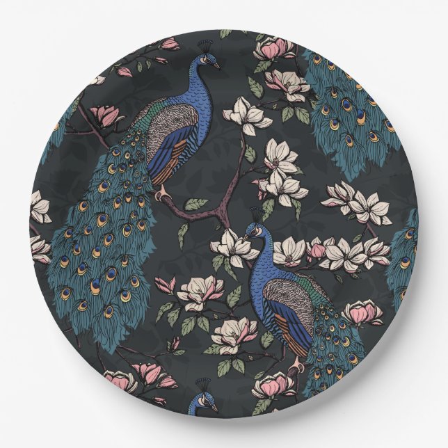 Elegant Peacocks & Magnolia Flowers Black Paper Plate (Front)